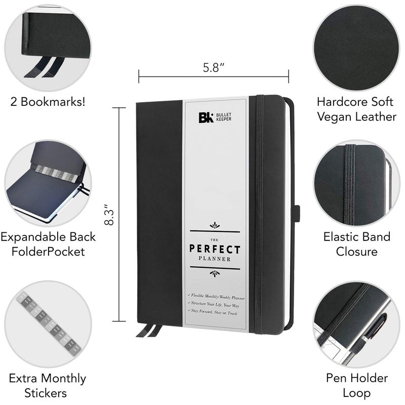 BK UNDATED Yearly Weekly/Monthly Planner 2026-27 Daily Planner Agenda & Personal Organizer to Increase Productivity, Academic Planner w/Sticker Set. A5 (5.8 x 8.3) - Black Hardcover - Image 3